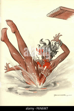 German satirical illustrations 1950: A woman dives into the pool Stock Photo