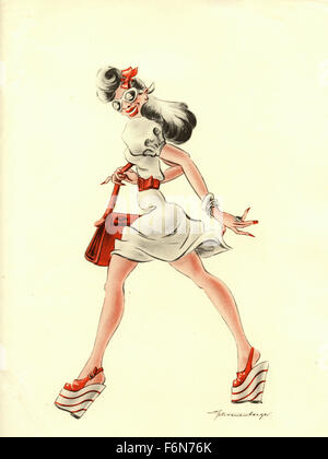 German satirical illustrations 1950: A woman walks and smiles Stock Photo