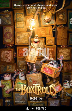 RELEASE DATE: September 26, 2014 TITLE: The Boxtrolls STUDIO: Focus Features DIRECTOR: Graham Annable, Anthony Stacchi PLOT: A young orphaned boy raised by underground cave-dwelling trash collectors tries to save his friends from an evil exterminator. Based on the children's novel 'Here Be Monsters' by Alan Snow PICTURED: Poster Art (Credit: c Focus Features/Entertainment Pictures) Stock Photo