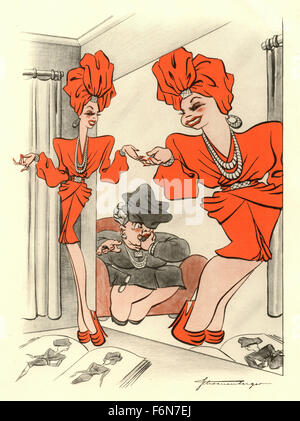 German satirical illustrations 1950: Woman in the mirror Stock Photo