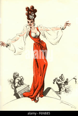 German satirical illustrations 1950: A woman with long dress Stock Photo