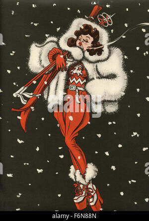 German satirical illustrations 1950: A woman skiing and smoking Stock Photo