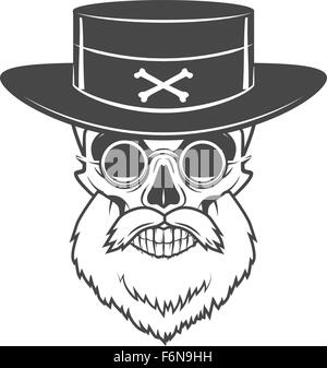 Head hunter skull with beard, hat and glasses vector. Rover logo template. Bearded old man t-shirt design. Stock Vector