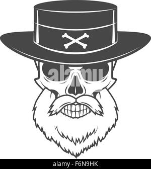 Head hunter skull with beard and hat vector. Rover logo template. Bearded old man t-shirt design. Stock Vector