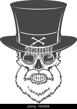 Head hunter skull with beard, hat and glasses vector. Victorian Rover logo template. Bearded old man t-shirt design. Stock Vector