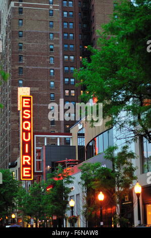 The remnant marquee from the once-famous Esquire Theatre in Chicago is virtually all that is left of the former movie venue. Chicago, Illinois, USA. Stock Photo