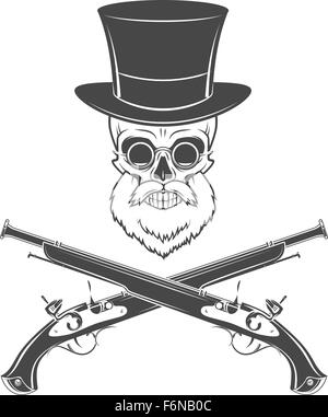 Gentleman of fortune skeleton with beard, glasses, top hat and flint guns. Victorian rover logo template Stock Vector