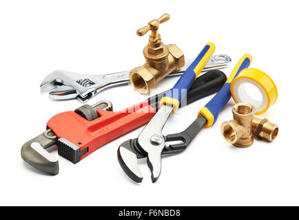 various type of plumbing tools against white background Stock Photo