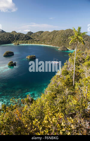 Forest-covered limestone islands surround a gorgeous lagoon in a remote part of Raja Ampat, Indonesia. This beautiful region is Stock Photo