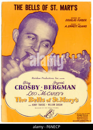 Bells of St Mary's piano sheet music cover from the movie Bells of St Marys with Bing Crosby and Ingrid Bergman Stock Photo