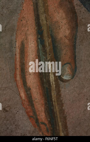 Macro of the man's hand holding a shepherd's hook. Wallpainting entitled  'Drop asleep shepherdess' by Manos Papamalis. Lemnos Stock Photo