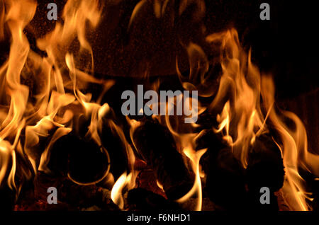 Hot vivid burning birch logs in fireplace on a cold winter day Stock Photo