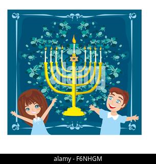 children celebrating Hanukkah, abstract card Stock Vector