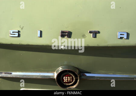 Seat 600 Siata 2850 van, customized by Siata Española S.A. License by Fiat. Logotype. Stock Photo