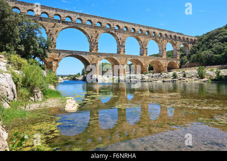 Roman aqueduct Pont du Gard, near Nimes, Languedoc, France, Europe. Unesco World Heritage site Stock Photo
