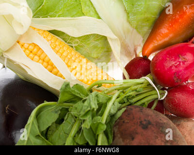 detail healthy vegetables red pepper potato radish sprouts corn eggplant Stock Photo