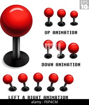 Classic red arcade game joystick with animated stills in up, down, left and right movements. Stock Vector
