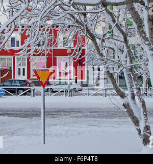 Aftermath of snowstorm in downtown Reykjavik, Iceland Stock Photo