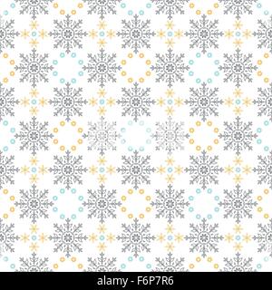 Vector of Snow Flakes Ornament Seamless Pattern in Gray Blue and Yellow on White Background Stock Vector