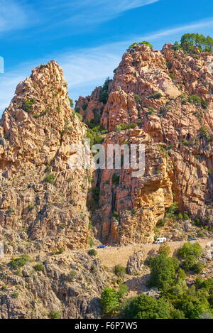 Corsica Island - Les Calanches, volcanic red rocks formations mountains, Golfe de Porto, Piana, France, UNESCO Stock Photo
