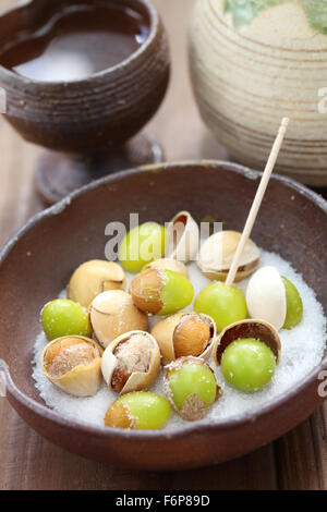 salt roasted ginkgo nuts and sake, japanese food Stock Photo