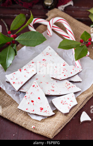 White and dark chocolate bark with candy cane Stock Photo