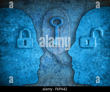knowledge digital illustration concept with human silhouette padlocks and kay Stock Photo
