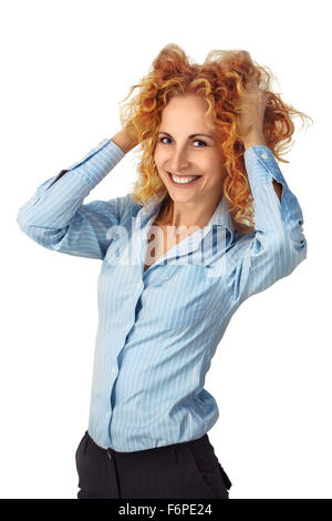 businesswoman. Casual portrait of redhead female businessperson smiling isolated on white background in studio. Young profession Stock Photo