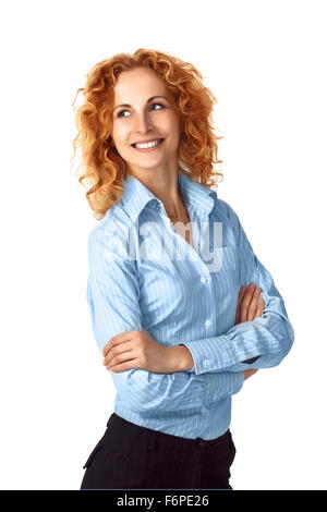 businesswoman. Casual portrait of redhead female businessperson smiling isolated on white background in studio. Young profession Stock Photo