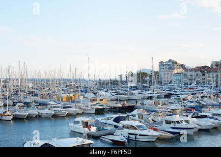 Cannes old harbor boats and yachts, Port Le Vieux in Cannes, France Stock Photo