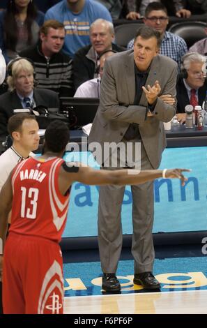 Denver, Colorado, USA. 18th Nov, 2015. (File Photo) - The Houston Rockets let go coach KEVIN MCHALE on Wednesday morning. PICTURED: Nov. 13, 2015 - Denver, Colorado, U.S - Rockets Coach KEVIN MCHALE, right, reacts to explanation of JAMES HARDEN, left, to the referee during the 2nd. half at the Pepsi Center Friday night. The Nuggets beat the Rockets 107-98. © Hector Acevedo/ZUMA Wire/Alamy Live News Stock Photo