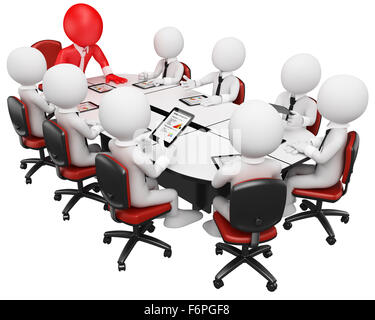 3d white business person in a meeting with tablet computer. 3d image. Isolated white background. Stock Photo