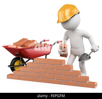 3d white worker building a brick wall. 3d image. Isolated white background. Stock Photo