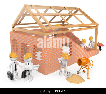 3d white people.  Construction workers building a house. Architects. Isolated white background. Stock Photo