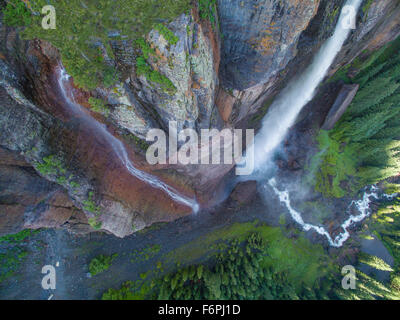 Bridal Veil Falls iand fog ,  Uncomphagre National Forest, Colorado, 365 foot falls at end of Telluride box canyon, San Juan Mou Stock Photo
