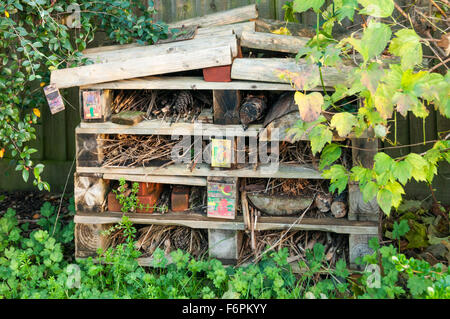 A bug hotel for insects made from old wooden pallets in a wild corner of a garden. Stock Photo