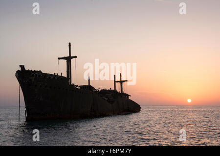 The Greek Ship Wreckage in Kish Island at Sunset Stock Photo