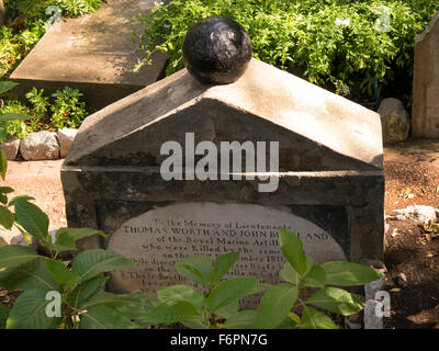 Grave of two friends killed by the same cannon ball which tops the grave in the Trafalgar cemetery on the Rock of Gibraltar on the Mediterranean Sea Stock Photo