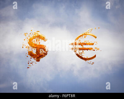 Pixelated dollar and Euro signs in sky Stock Photo