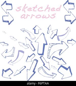 Many different shapes of arrows sketched by hand in 3D blue pen Stock Vector