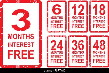 Set of red rubber stamps for interest free concept, including 3, 6, 12, 18, 24, 36 and 48 months interest free Stock Vector