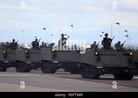 Pampanga Province, Philippines. 21st Dec, 2015. Newly-acquired tracked armored vehicles parade during a celebration of the 80th founding anniversary of the Armed Forces of the Philippines inside the Clark Air Base in Pampanga Province, the Philippines, Dec. 21, 2015. Credit:  Rouelle Umali/Xinhua/Alamy Live News Stock Photo