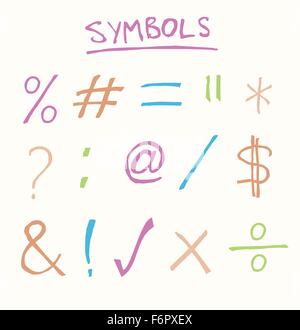 Hand drawn common symbols such as equals, tick, cross, and, hashtag Stock Vector