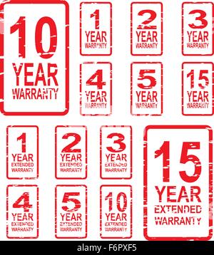 Red rubber stamp vector for warranty concept, including 1, 2, 3, 4, 5, 10 and 15 year extended warranty Stock Vector
