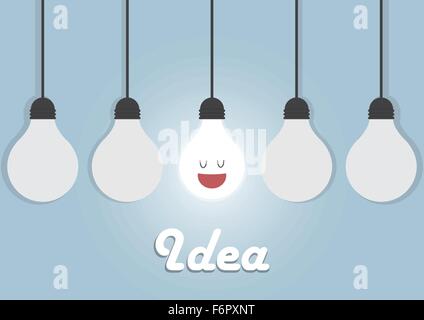 Hanging light bulbs with glowing one, Bright idea concept Stock Vector