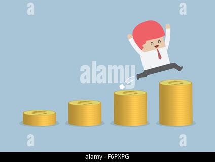 Happy businessman jumping on the money step, VECTOR, EPS10 Stock Vector