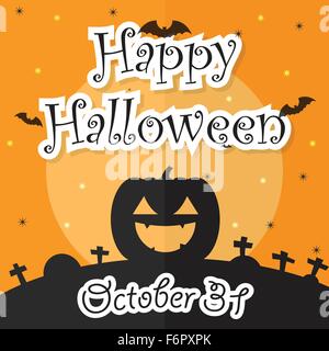Happy Halloween Night Background with Moon, Bat, Pumpkin and Grave, VECTOR, EPS10 Stock Vector
