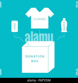 Donate concept of a donation box with food, water and clothing in simple, flat vector style Stock Vector