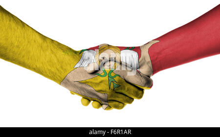 Man and woman shaking hands, wrapped in flag pattern, Sicily Stock Photo