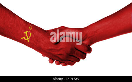 Man and woman shaking hands, wrapped in flag pattern, USSR Stock Photo